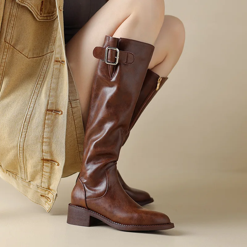 

2023 Autumn/Winter New Vintage Thick Heels Over Knee Western Knight Boots Women's Small Flat Mouth Belt Buckle High Sleeve Boots