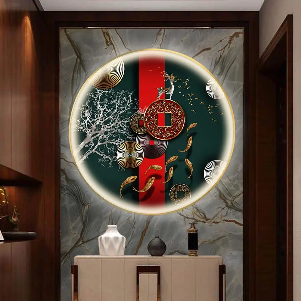 

The Nine-Fish Picture entrance decorative painting, a circular mural with led lights, a luminous living room hanging painting of