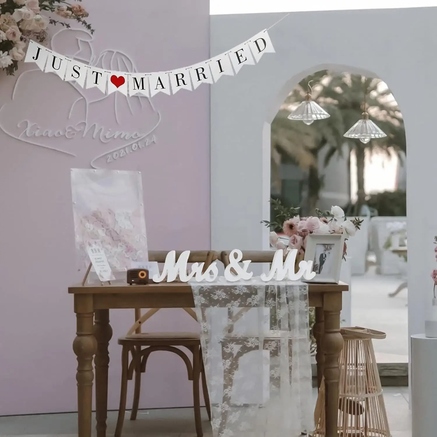 Vintage Creative Pull Flag Wedding Just Married Bunting Flower Banner Bridal Shower Photo Booth Props Party Decoration Supplies