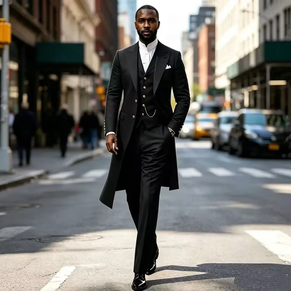 Chic Black Men 3 Piece Suit Single Breasted Peak Lapel Long Blazer+Vest+Pants Formal Business Wedding Casual Fashion Outfit