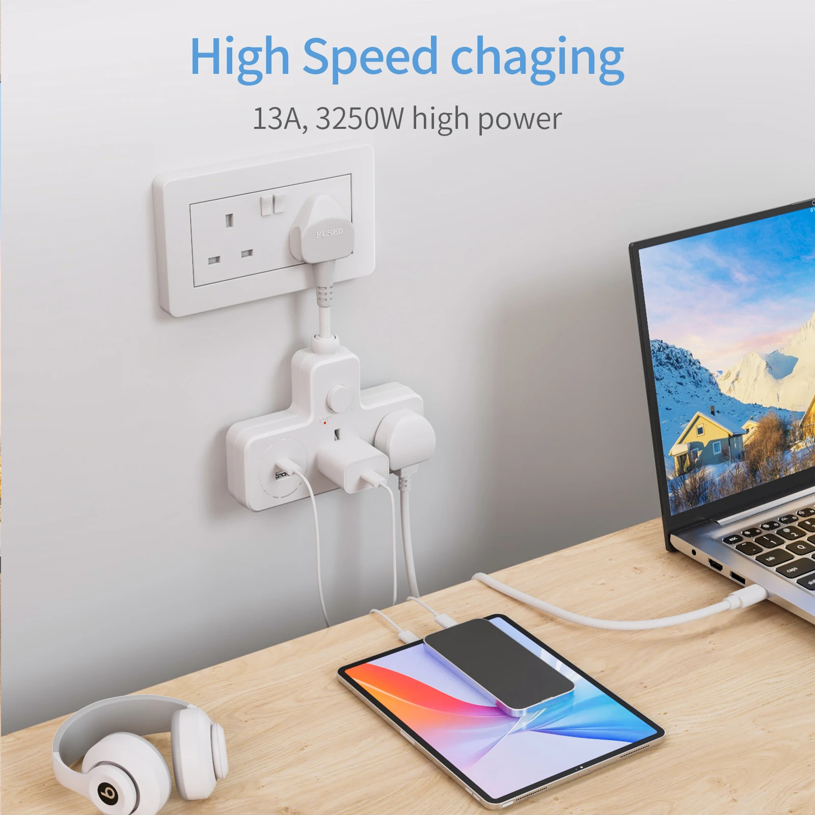 UK Power Plug Wall Outlet 13A 3120W Flexible Power Strip Outlets Extender USB Power Outlet Travel Power Adapter Home Office