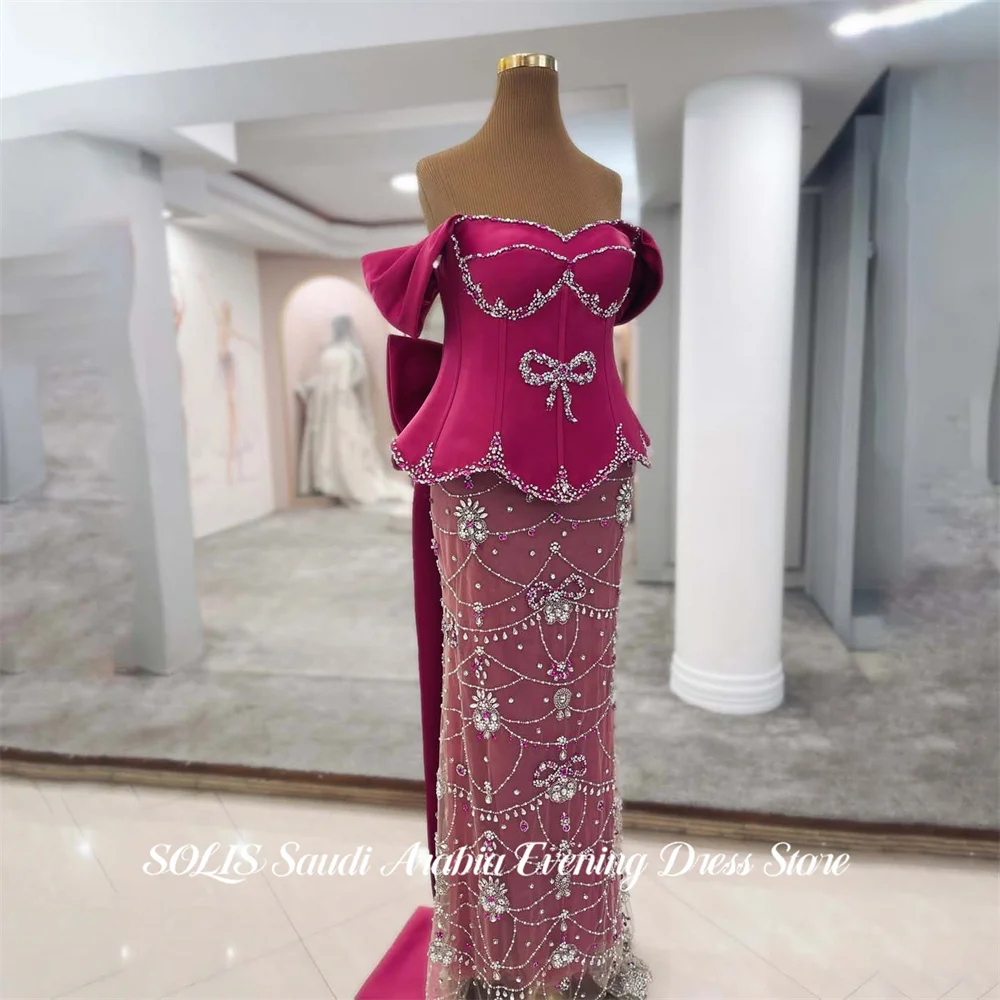 

SOLIS Hot Pink Evening Dresses Off the Shoulder Satin Party Dress with Crystal and Bow vestidos de fiesta Prom Gowns Customized