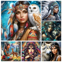 American Women and Wolves Owl Girl Deer Diamond Painting New 2024 Full Square Round 5D Diy Diamond Art Mosaic Embroidery