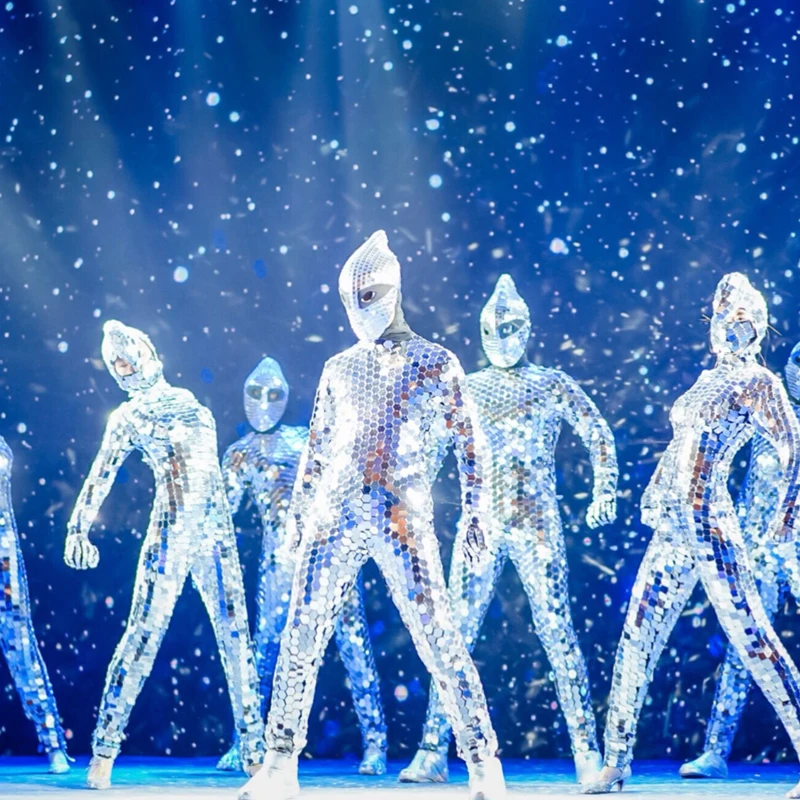 

Silver Mirror Man Costume Laser Dance Costumes Men Commercial Performance Nightclub Sequin Lens Jumpsuit Party Clothing Women