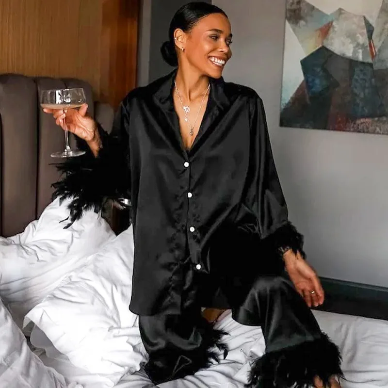 

Модный новый осенне-весенний комплект из двух предметов: брюки и топ с длинными рукавами, имитация шелка, женская домашняя одежда, черный цвет.