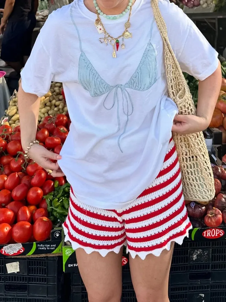 American Vintage Summer OOTD Bikini Print Spicy Girl ort Sve T-irt Women's Trendy Streetwear Oversize Cotton round Ne