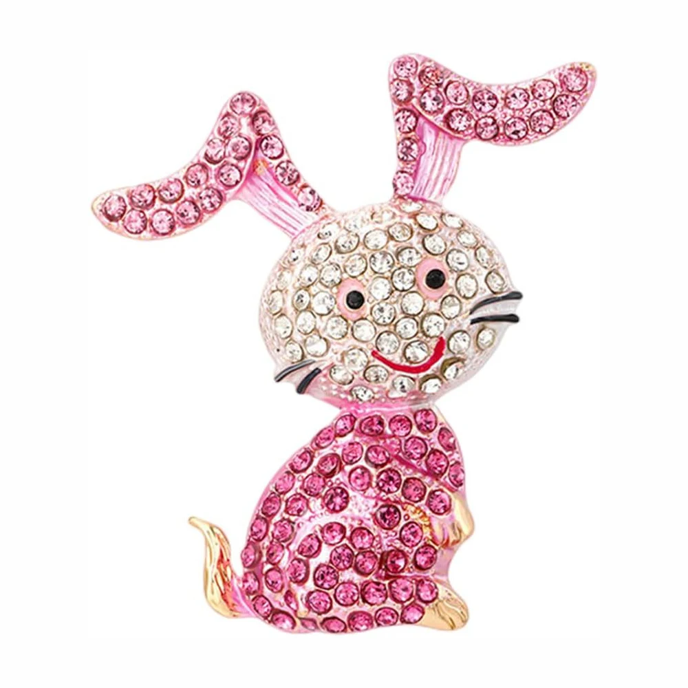 Rhinestone Pink Rabbit Brooch Pin for Girls Crystal Cartoon Bunny Brooches Dress Accessories Easter Jewelry Gift for Daughter