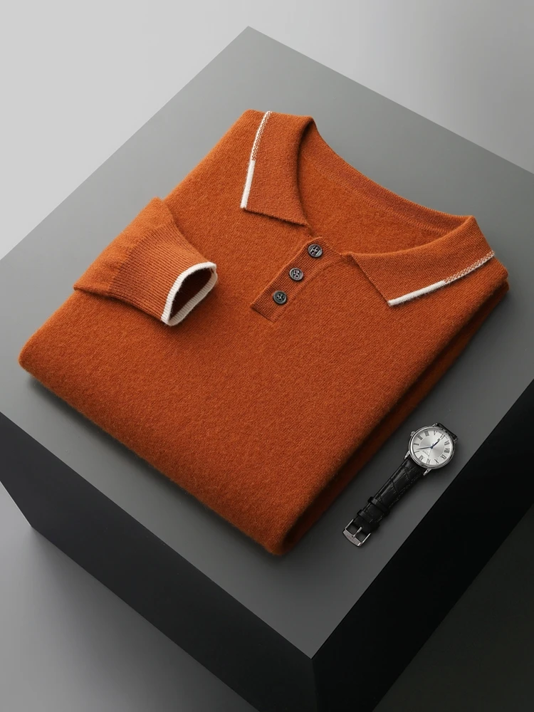 High Quality Polo Collar Men Pullover Autumn Winter 100% Cashmere Sweater Luxury Smart Casual Knitwear Comfortable Soft New Tops