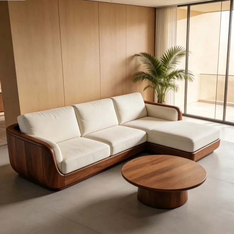 New Chinese Style Solid Wood Corner Sofa - Large flat black walnut sofa for living room and large apartments