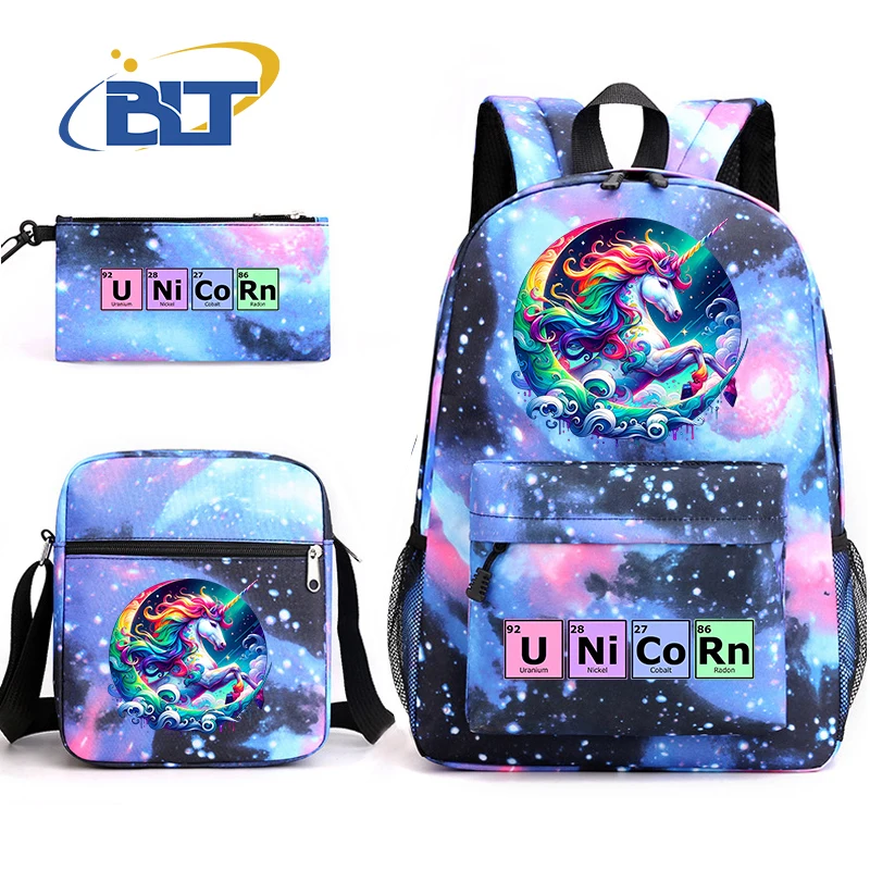 Conjunto de mochila escolar juvenil con estampado de unicornio para niños, bolso de hombro, estuche para lápices, Juego de 3 piezas