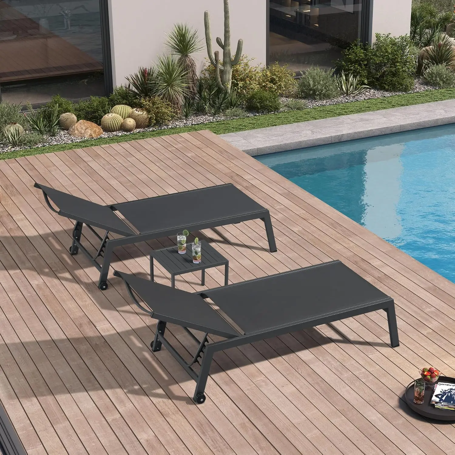 Wide Patio Lounge Chair 2 Set Side Table Grey 5-Position Reclining Quick-Dry Textilene Rustproof Aluminum 2 Wheels, Customized
