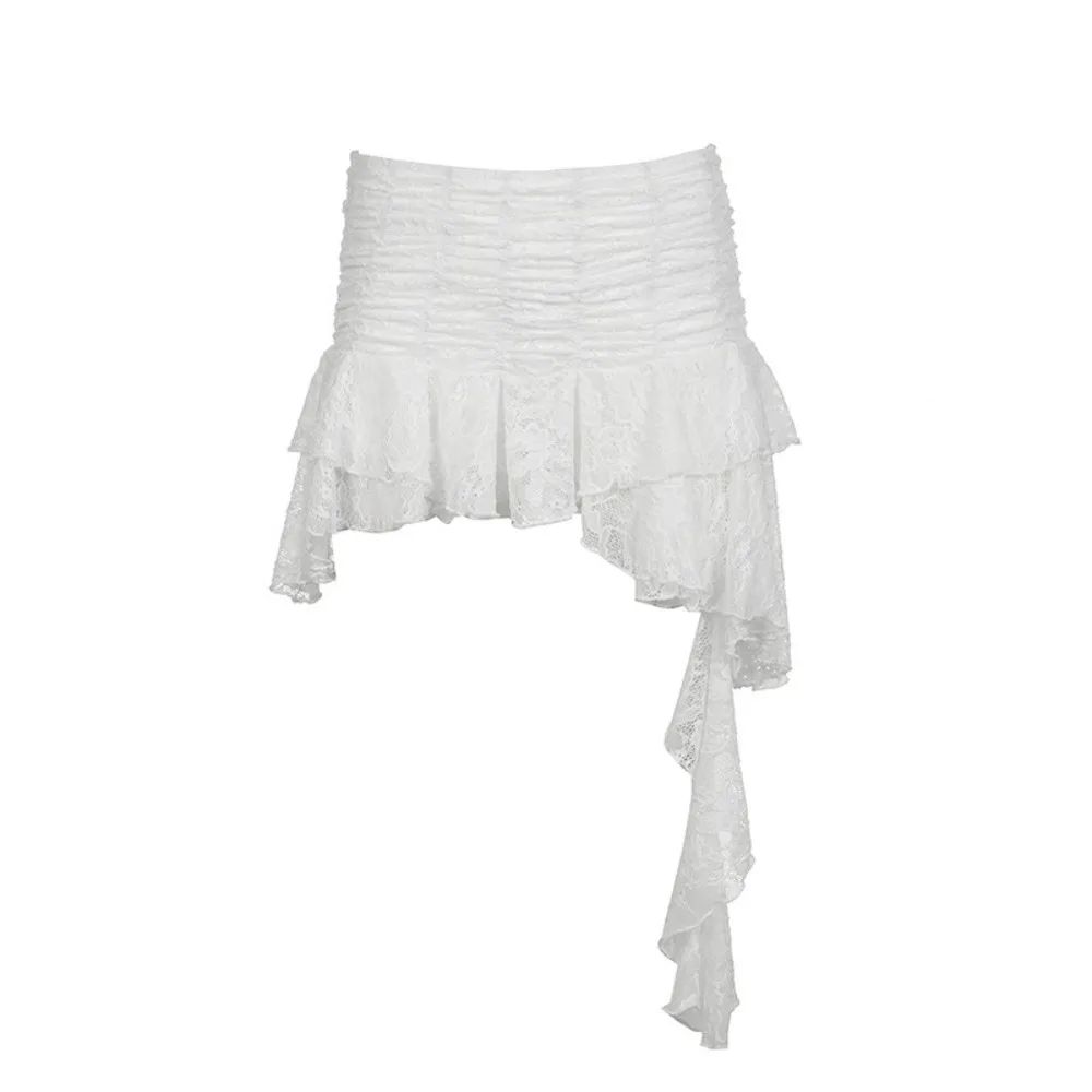 

New Ruffled Mini Skirts Lace Patchwork Pleated Skirts All Match A-line Tiered Skirt Women Girl