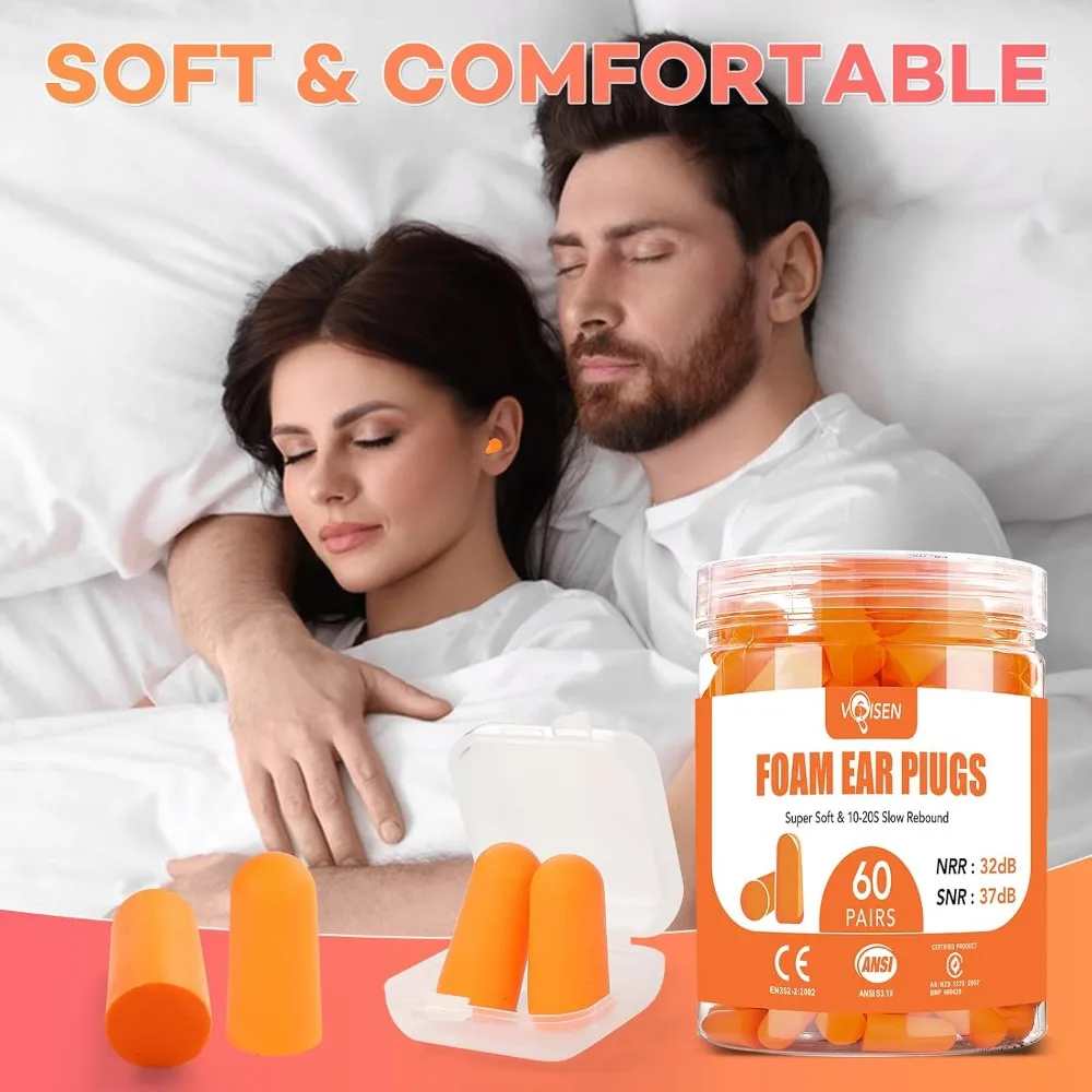 60 Pairs Foam Ear Plugs for Sleeping, Noise Cancelling 32dB NRR, 38dB SNR - Soft Comfort, Reusable view 6