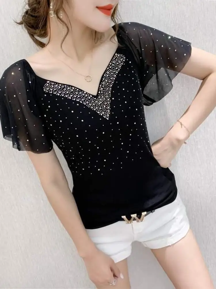 2022 New Heavy Industry Hot Rolled Diamond Lotus Leaf V-neck Top Women's Summer Slim Fit Short Sleeve Mesh Small Shirt