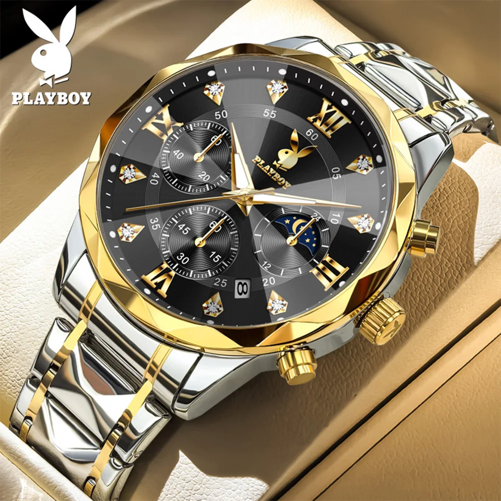 

PLAYBOY 3088, мужские часы, кварцевые часы с ромбическим стеклом, водонепроницаемые светящиеся часы из нержавеющей стали с фазой Луны, подарки в коробке ﻿