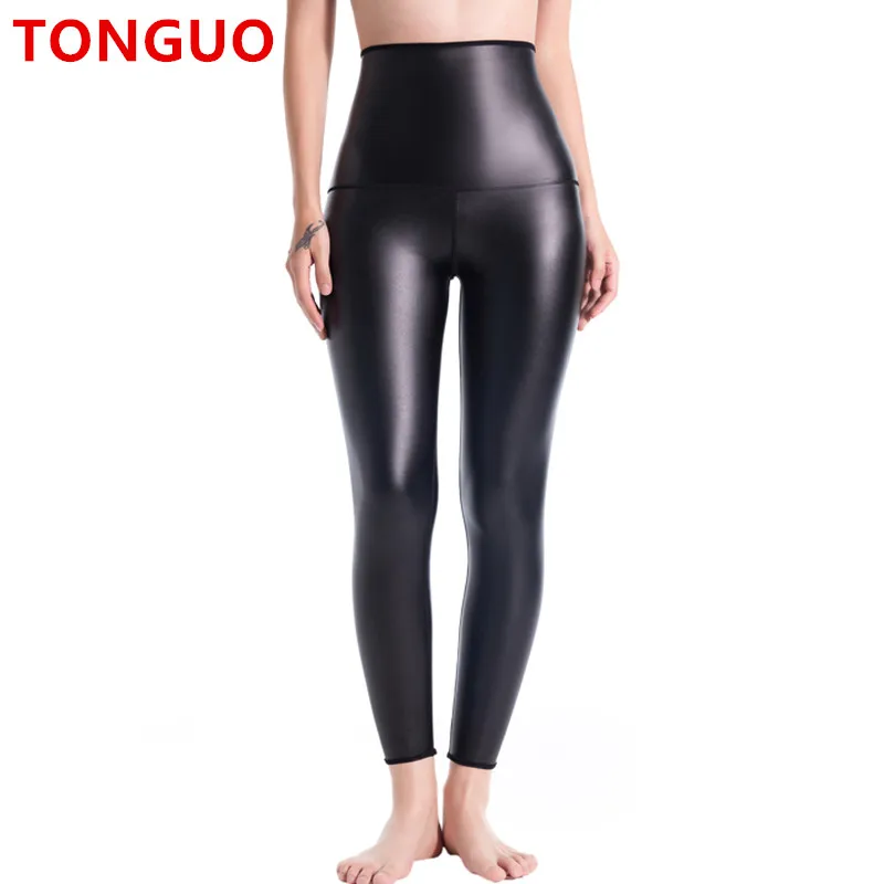 TONGUO Women\'s body Shaper Faux Leather Leggings High Waisted Fitness Leather Tights Sexy Black Breasted Pockets Pants Shapewear