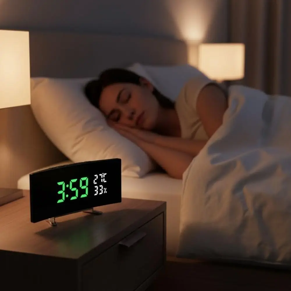 Modern Curved Screen Digital Alarm Clock Large 12/24h Table Clock Large Screen Snooze Mode Desk Clock Home Decor