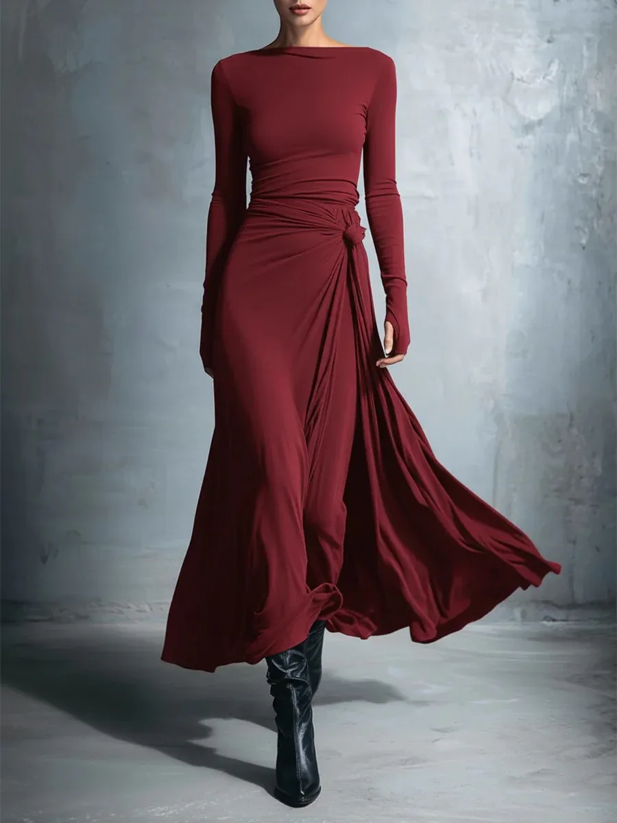 Elegant Long Sleeve Ruched Sexy Maxi Dress Women Gown Autumn Fashion Draped Bodycon Irregular Long Dresses Female Clothing