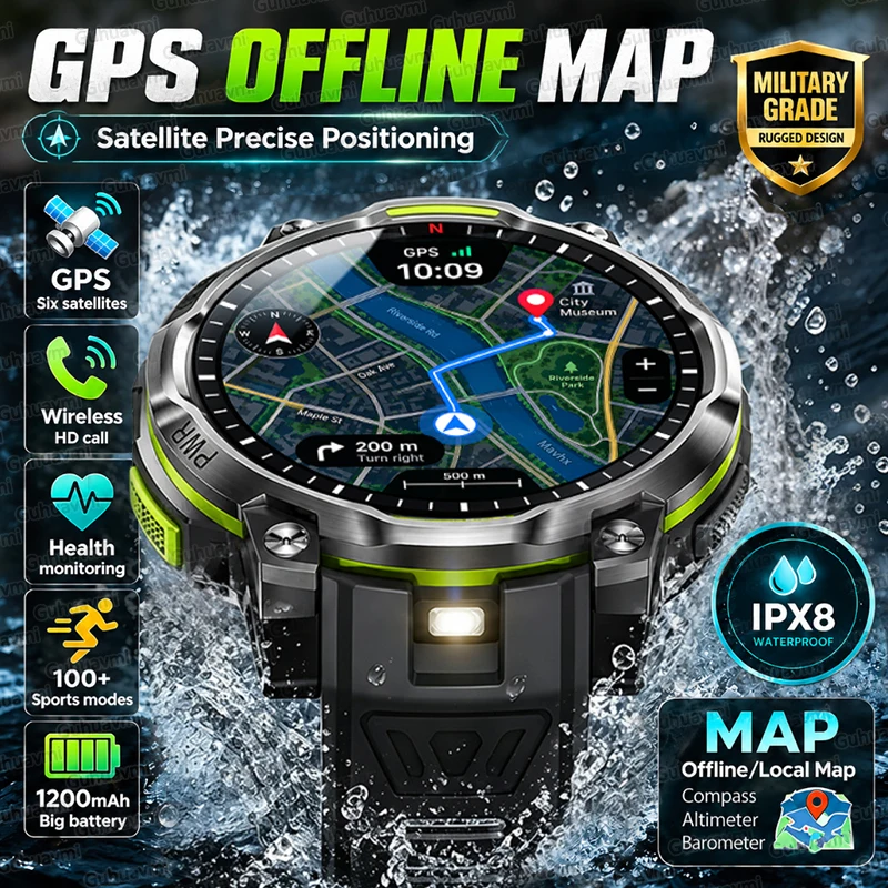 New Professional Offline Map Military Smart Watch Men 1200mAh Battery Bracelet IPX8 Waterproof ChatGPT 170+ Sport GPS Smartwatch