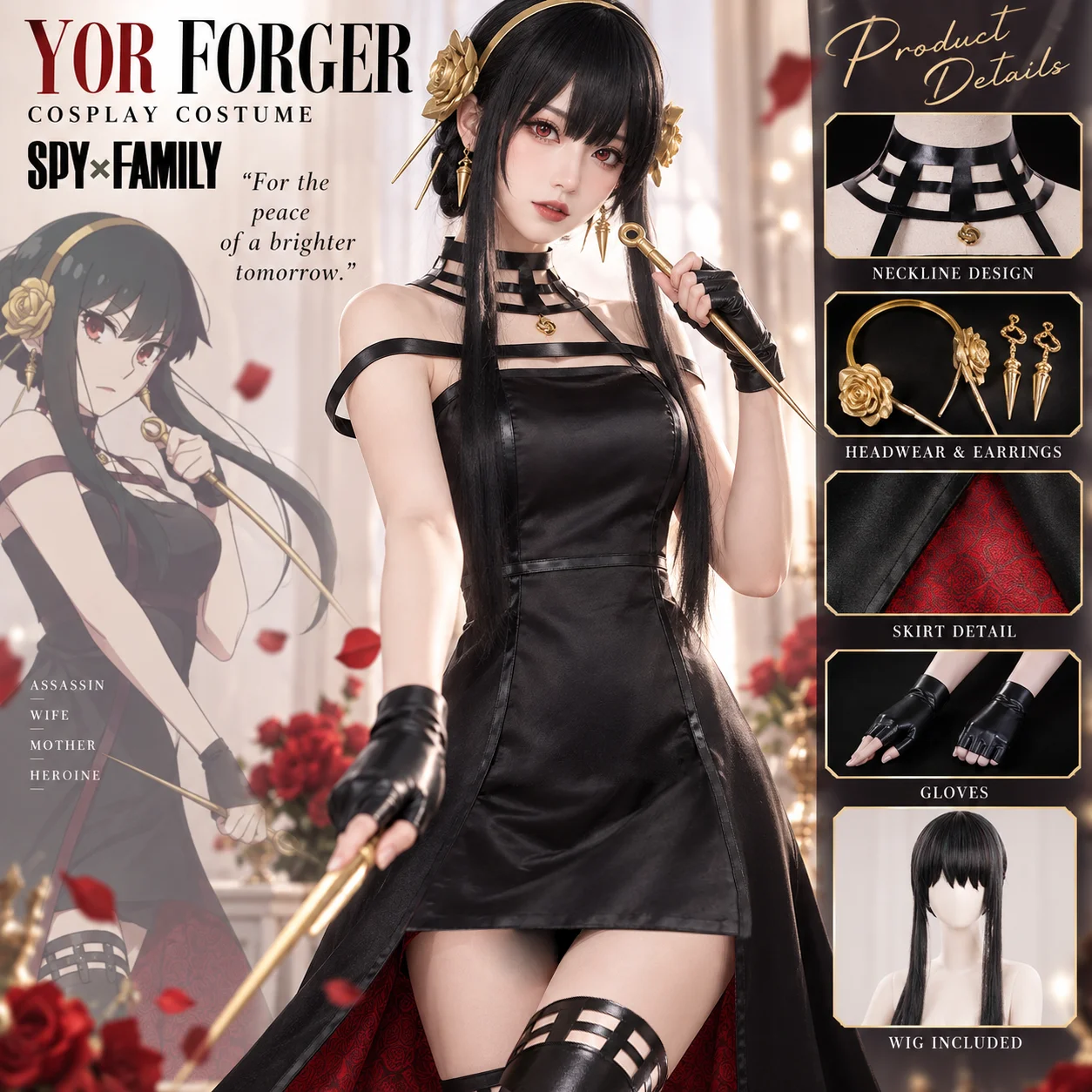 Yor Forger Cosplay Costume Anime Black Princess Dress Stockings Full Set Women Halloween Costume Party Stage Masquerade