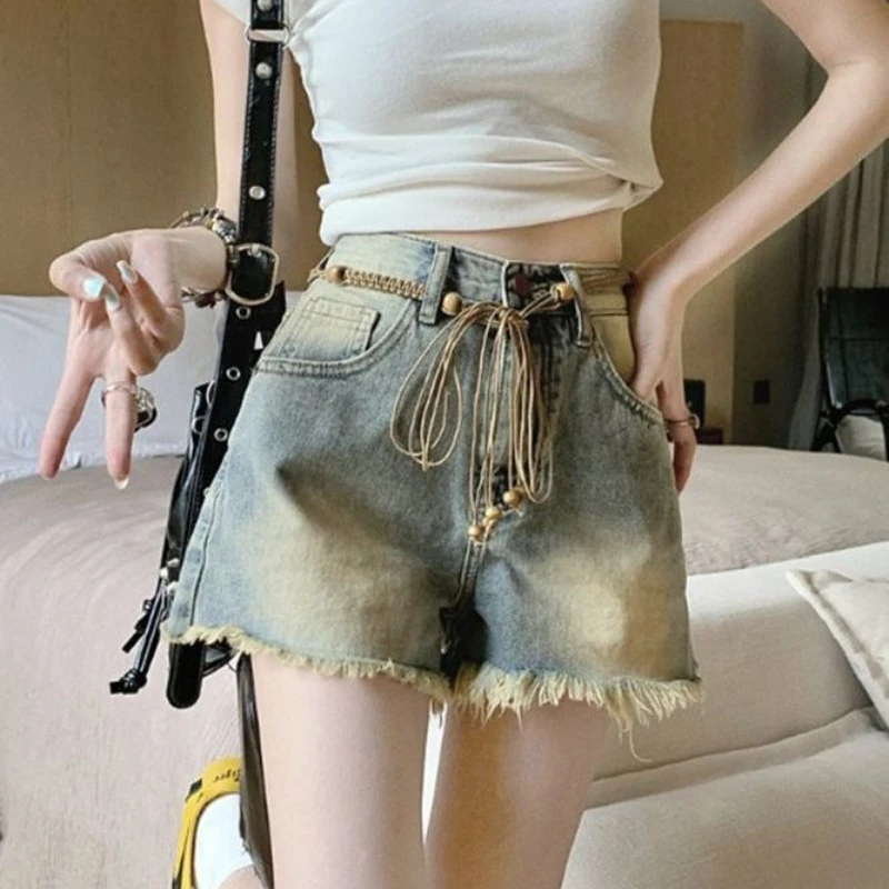 

Retro Old Wool Jeans for Women with Slim High Waist Slim Hot Pants Wide Legs