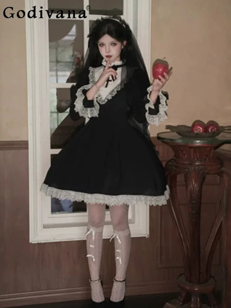

Personality Gothic Classic Long Sleeve Ruffles Stand Collar Dress Fashion High Waist Dark Court Slim Versatile Princess Dresses