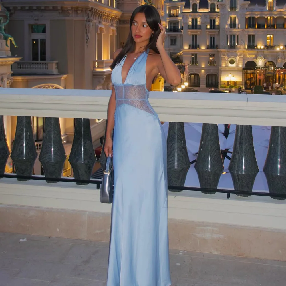 

Fmxires Sexy Lace Hollow Out Maxi Dress Female Backless Spaghetti Slim V-Neck Hollow Out Commute Dress Summer 2025 Halter Dress