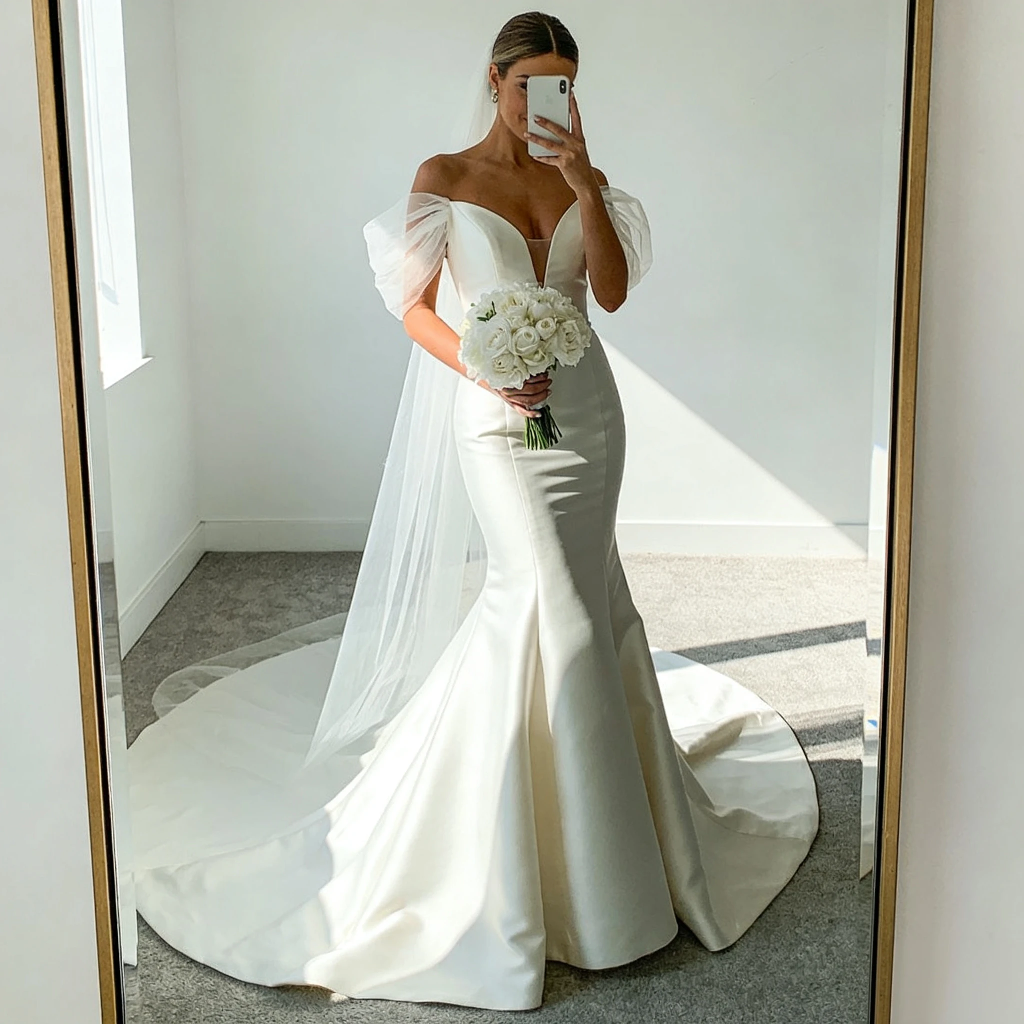 

Elegant Mermaid Wedding Dress 2026 Off the Shoulder Puff Sleeves Satin Bridal Gown Simple V-neck Backless Vestido De Novia Civil