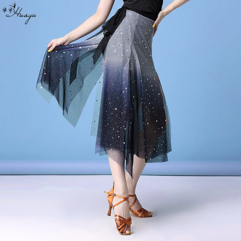 

Latin Dance Costume Sexy Adult Starry Sky Sequin Tulle Hip Scarf Half Skirt Practice Outfit Training Competition