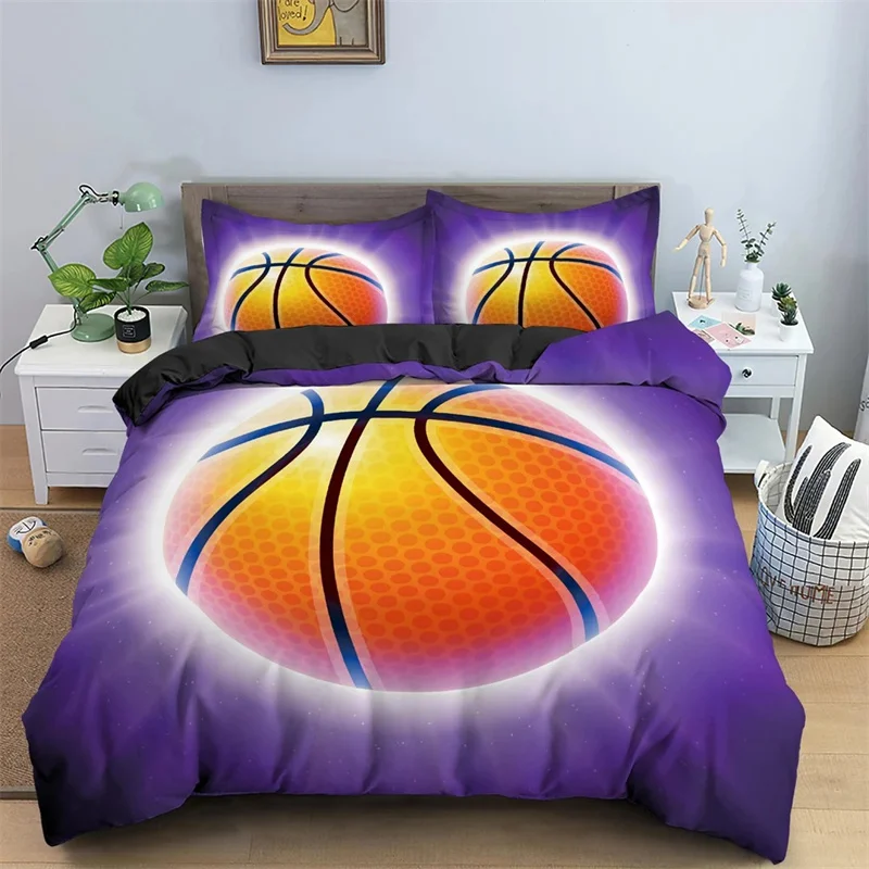 Basketball Duvet Cover Set Black 3D Ball Sports Theme Bedding Set Microfiber Basketball Court Competitive Games King Quilt Cover