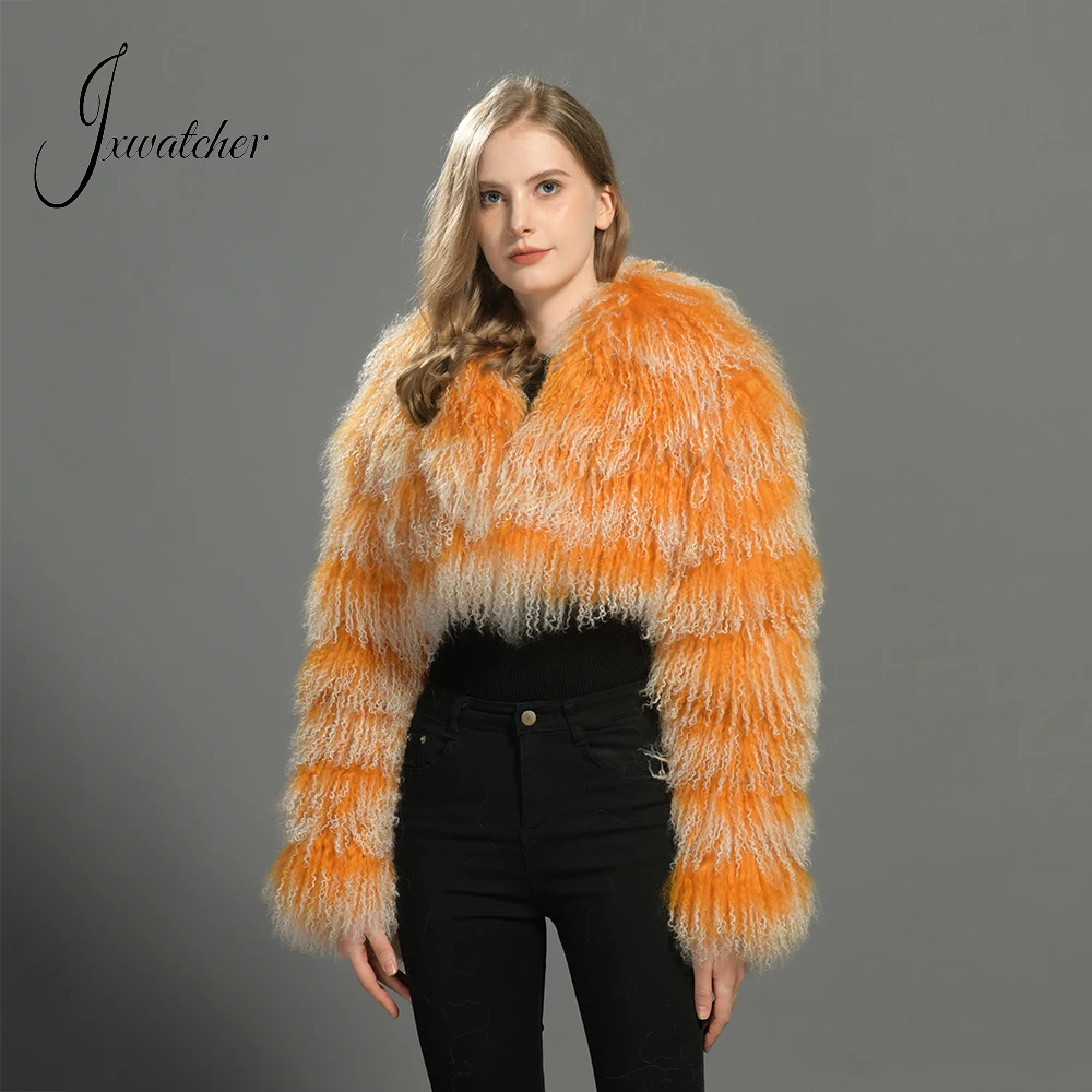 Jxwatcher Women's Real Mongolian Fur Coat Winter Warm Fluffy Fur Cropped Jacket Ladies Autumn Full Sleeve New Style Outerwear