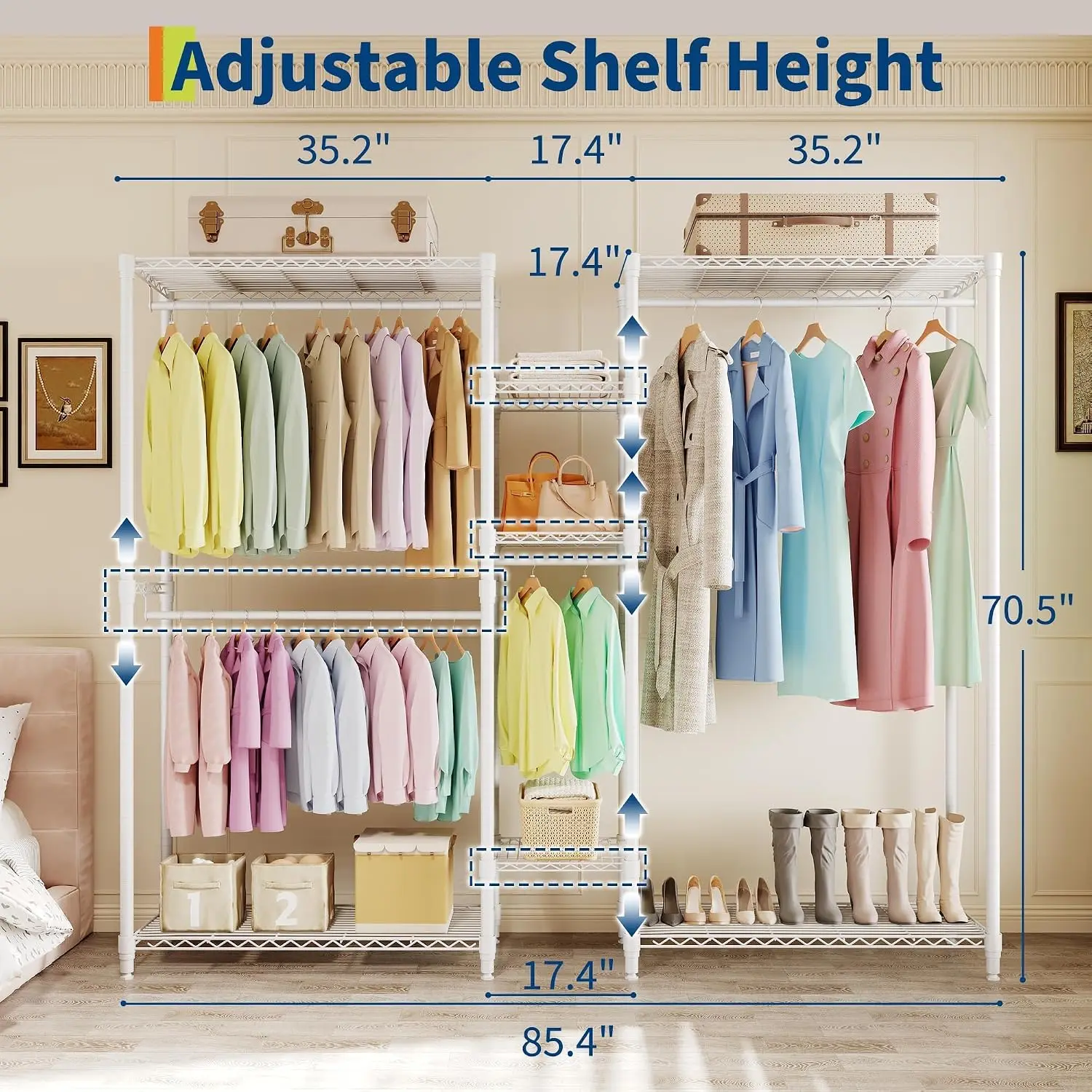 Garvee L-Shape Corner Rack Floor Standing Clothes Rack For Hall Bedroom Clothes 3 configs (2F+3F+2F) – adj. shelves – heavy-duty steel – for bedroom & closet – freestanding, tool-free setup.