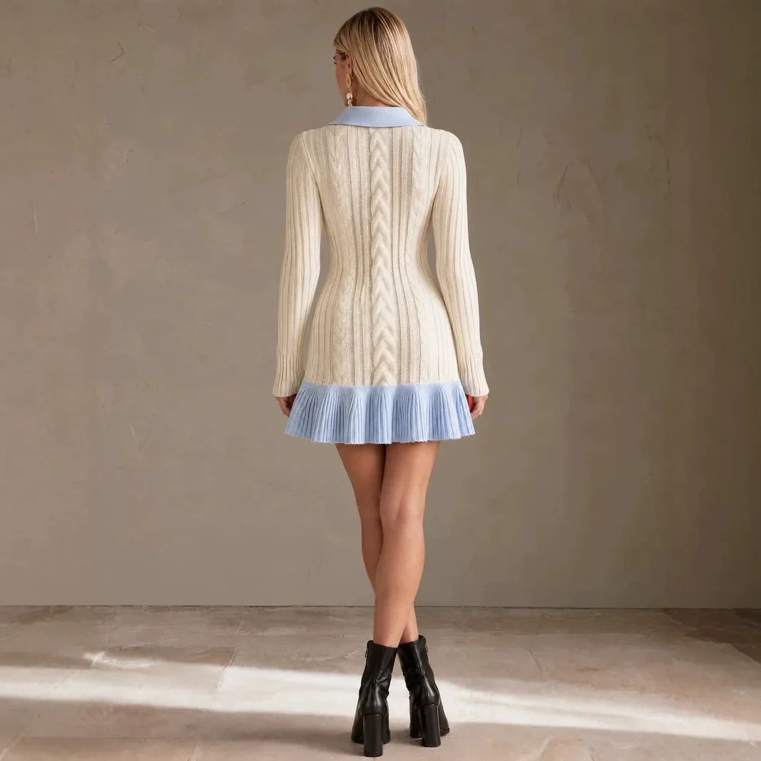 Polo Necklace Button-up Cable Knit Clothes With A Fixed Waist, Ruffled Hem, And Short, Long-sleeved Sweater Clothes Style Y2k、