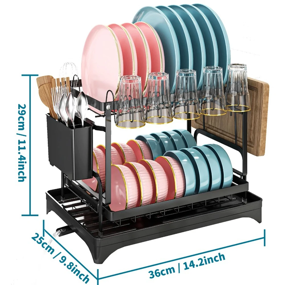 Imagem -05 - Prato Secagem Rack com Dreno Tubo Bancada Tableware Armazenamento Anti-ferrugem Cozinha Organizador 2-tier Dish Rack