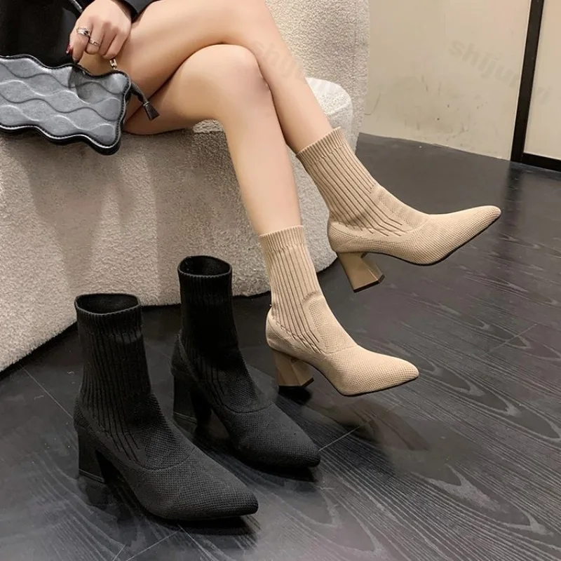 

Women Ankle Boots Pointed Elastic Socks Boots Fashion High Heels 2025 Autumn/Winter Fashion Booties Lady Shoes New Thick Heeled