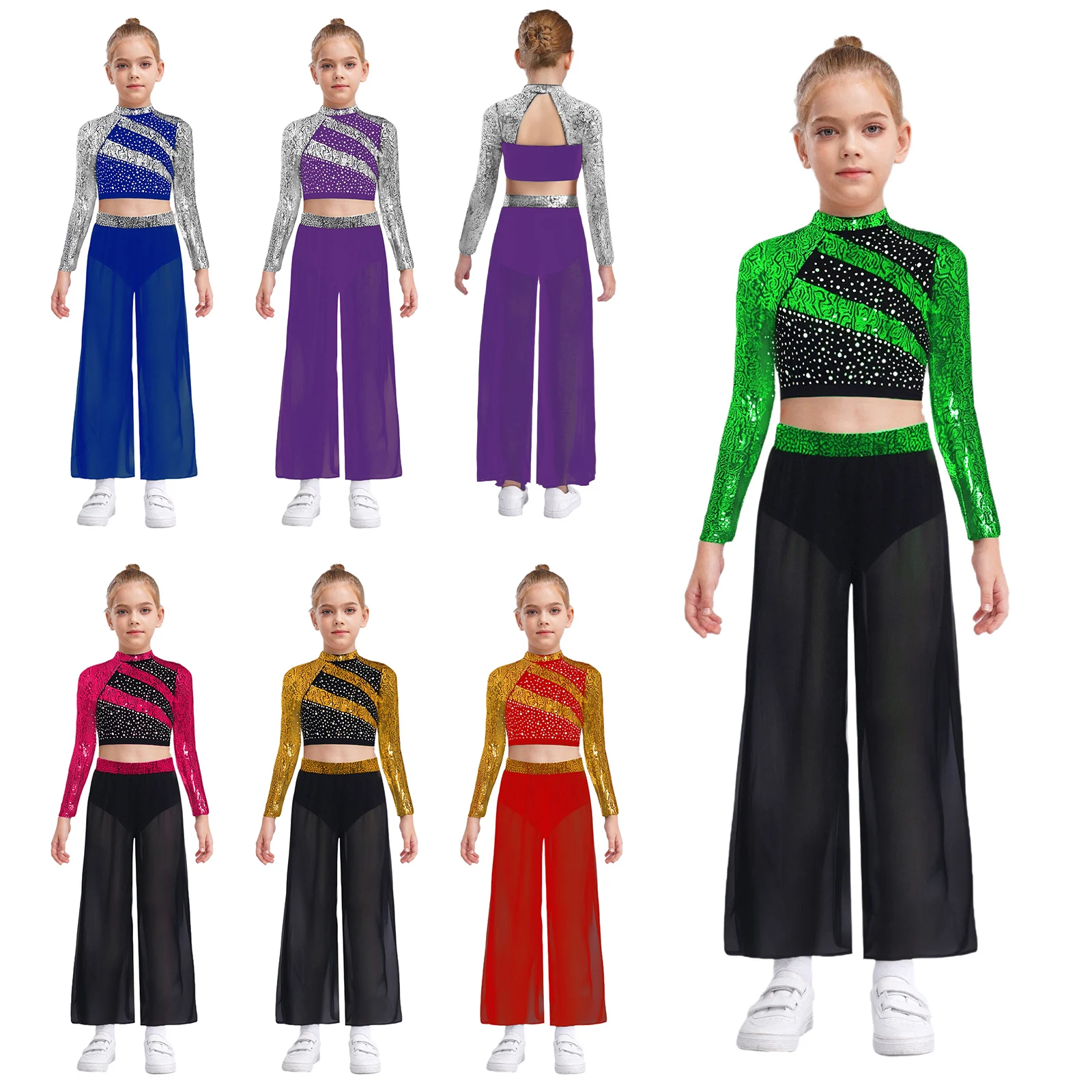 

2Pcs Girls Jazz Dance Costume Shiny Sequins Cutout Back Press Button Crop Top Flowing Chiffon Wide-Leg Side Slit Dance Pants