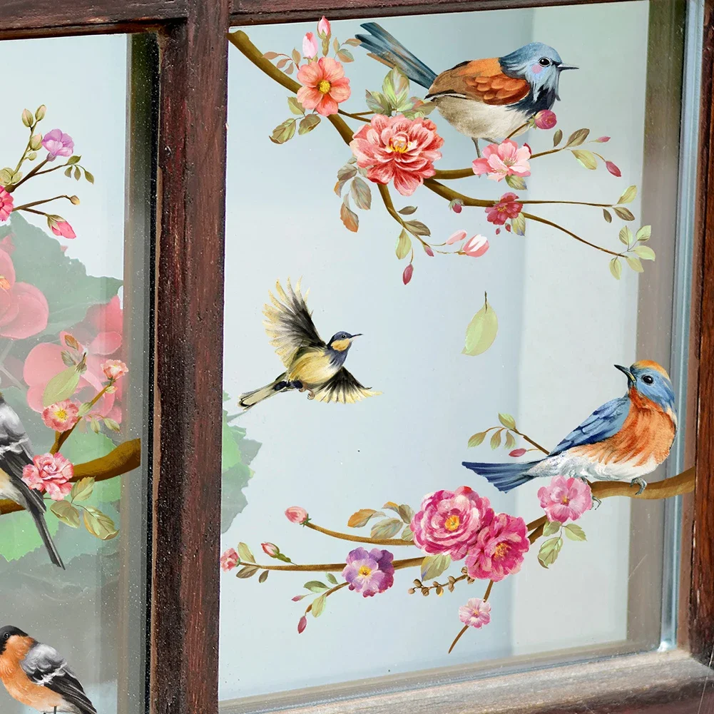 30*60cm Branch Bird Flower Wall Sticker Window Sticker Living Room Bedroom Restaurant Decorative Self-adhesive Wall Sticker