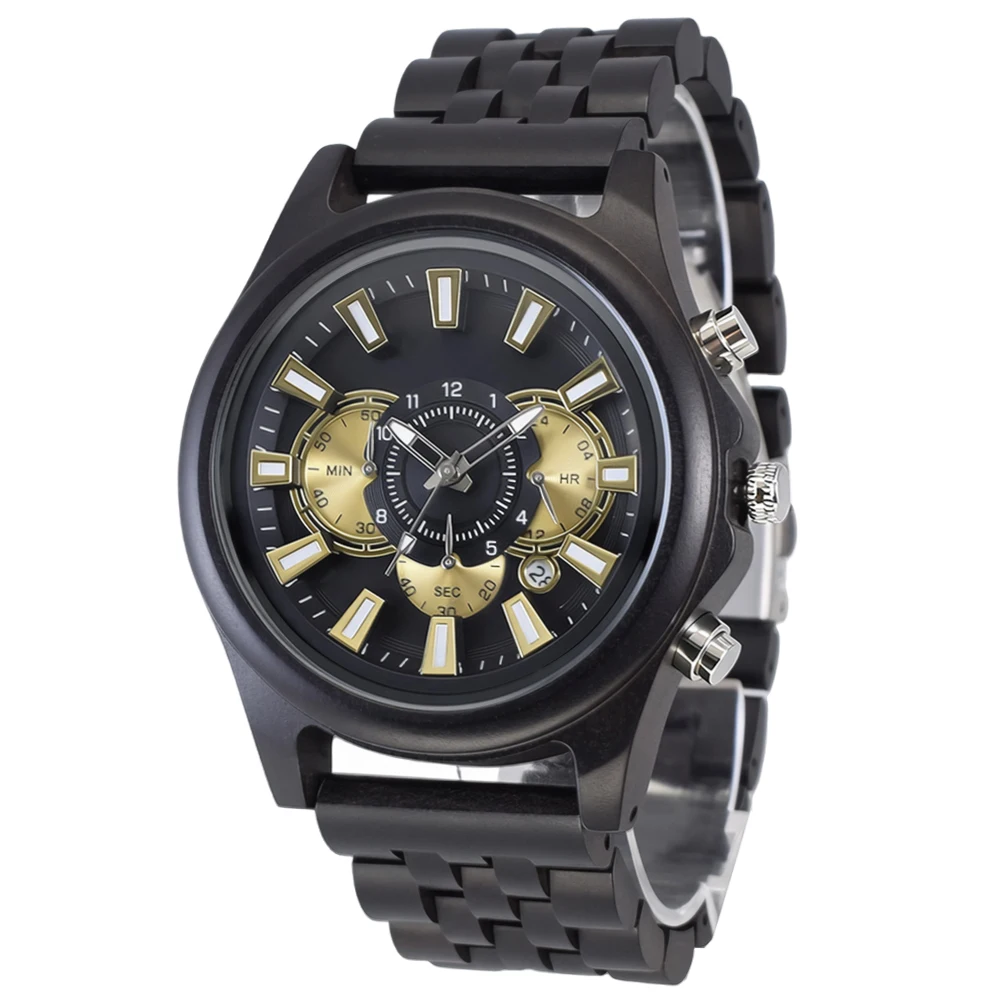 Creative Sandalwood Wood Quartz Watch for Men with Multifunction Calendar Luminous and Round Fold Clasp Calendar Display