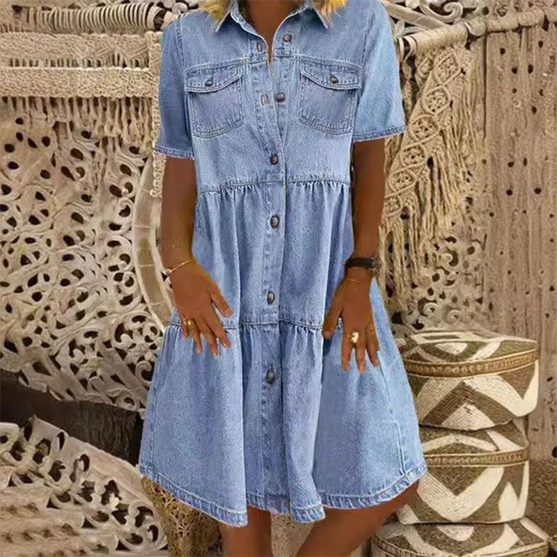 Mini camicia estiva da donna elegante Abito blu da spiaggia Vestito estivo Casual Allentato Manica corta Abiti monopetto Abiti da donna