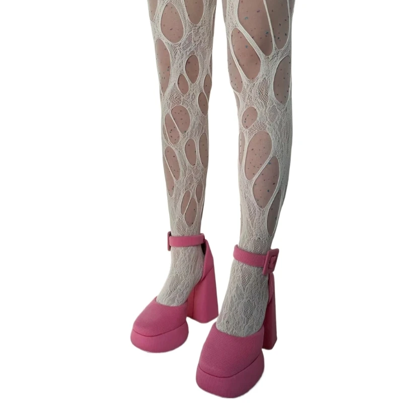 Women Hollowed Out Fishnet Pantyhose Goth Irregular Distressed Hole Mesh Tights