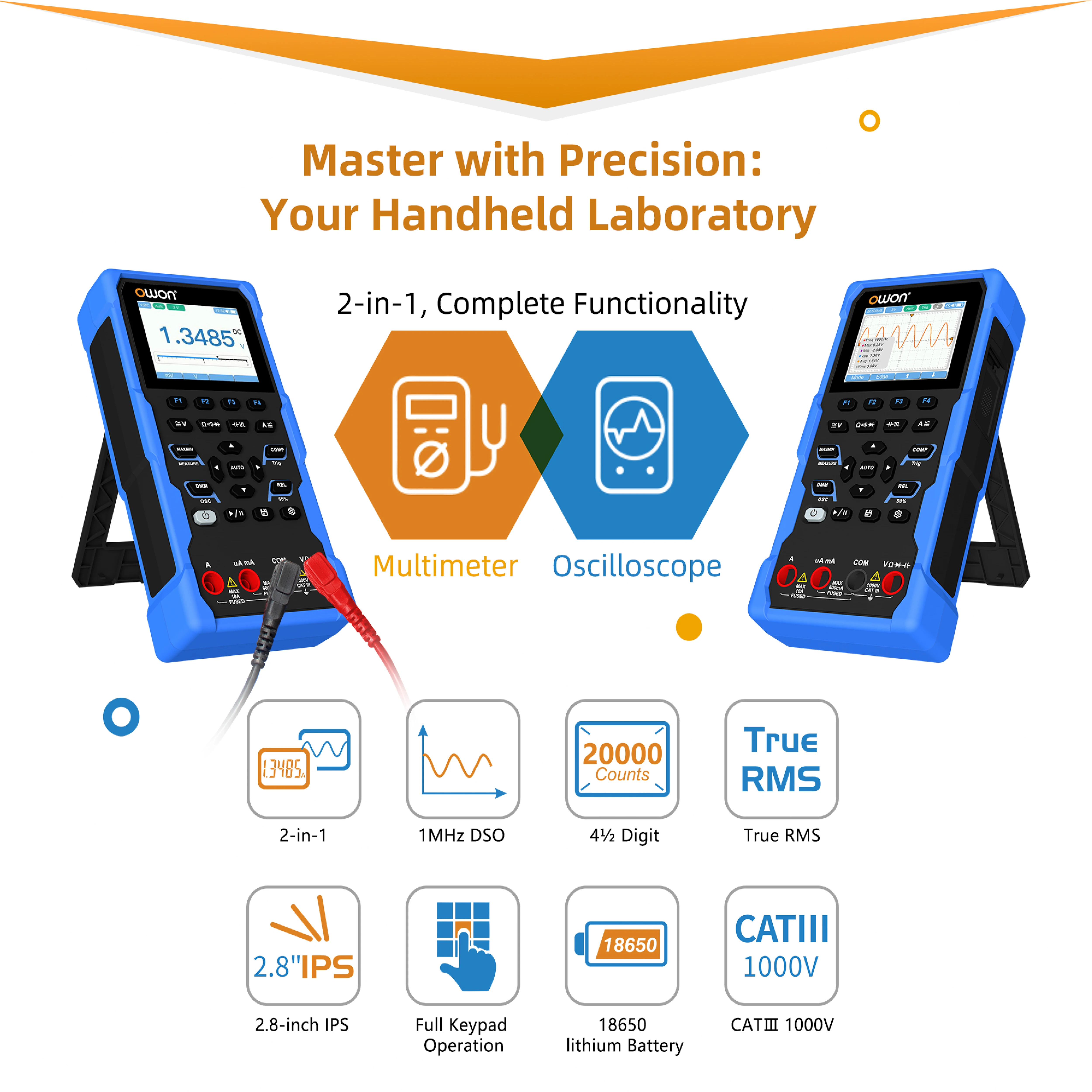 Owon HDS120 2 in 1 Oscilloscope + 4½ Digit Multimeter 2.8-inch IPS Screen Full Keypad Operation Waveform Automatic Measurement