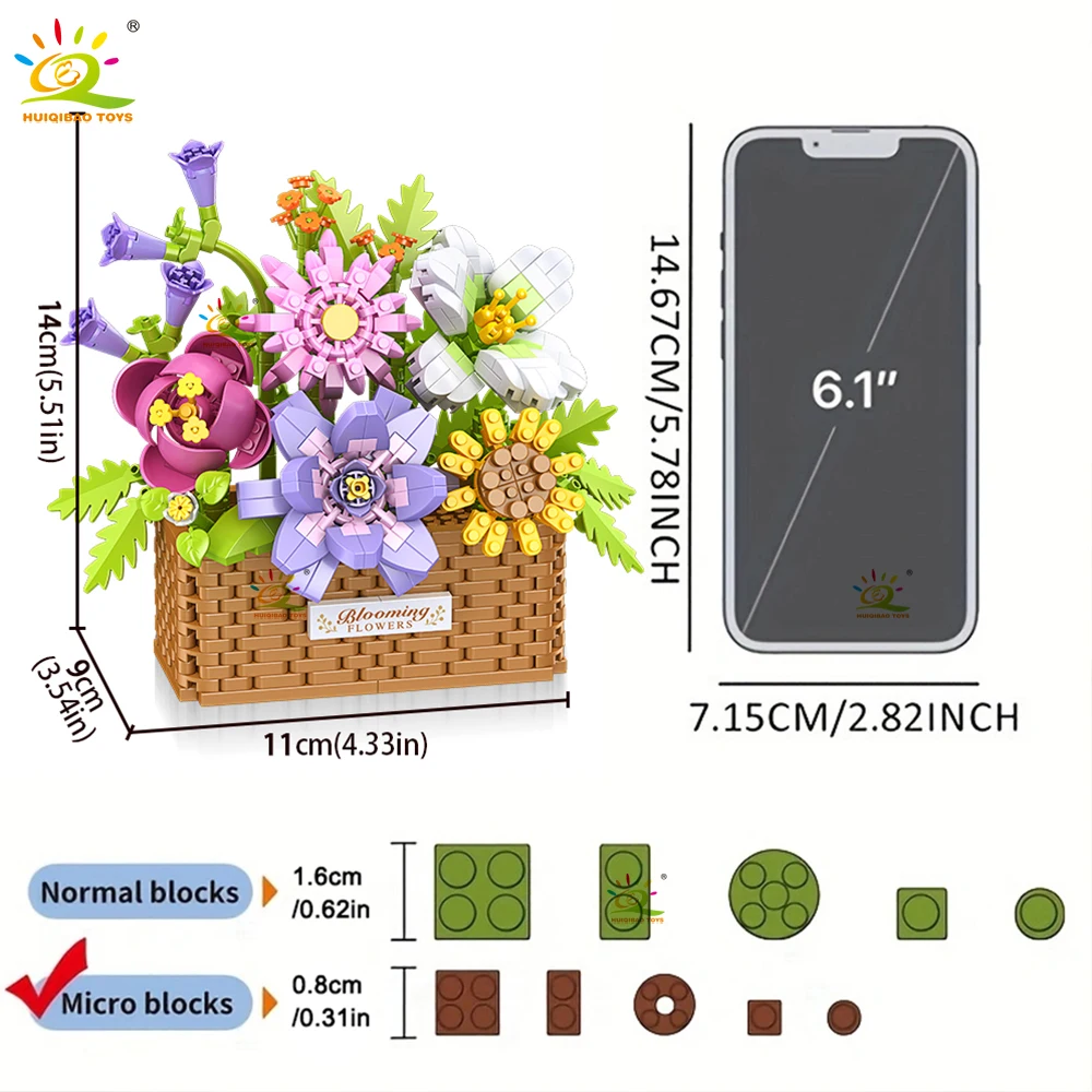 HUIQIBAO MOC Rosen-Sonnenblumen-Blumentopf Mikro-Baustein-Set DIY Blumenstrauß-Korb Mini-Diamant-Bausteine Kinderspielzeug Schreibtisch-Deko – Detail 1