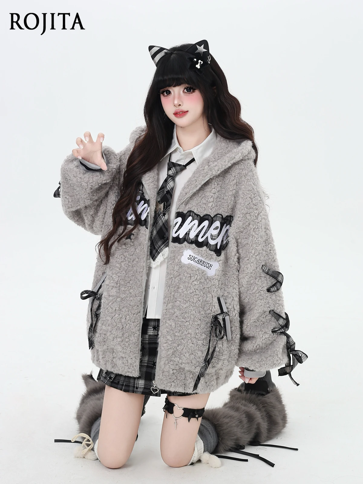 

Japanese Style Letter Strap Design Thickened Lamb Wool Warm Coat Loose Mid-length Winter Clothes Women Zip Hoodie