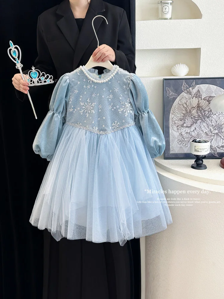 Mädchen Herbst Winter Mesh-Schleifen-Prinzessinnenkleid Kinder Schüler Paillettenkleid, Baby Warmes Puffkleid Kinder Lässiges Urlaubs-Party-Outfit – Detail 2