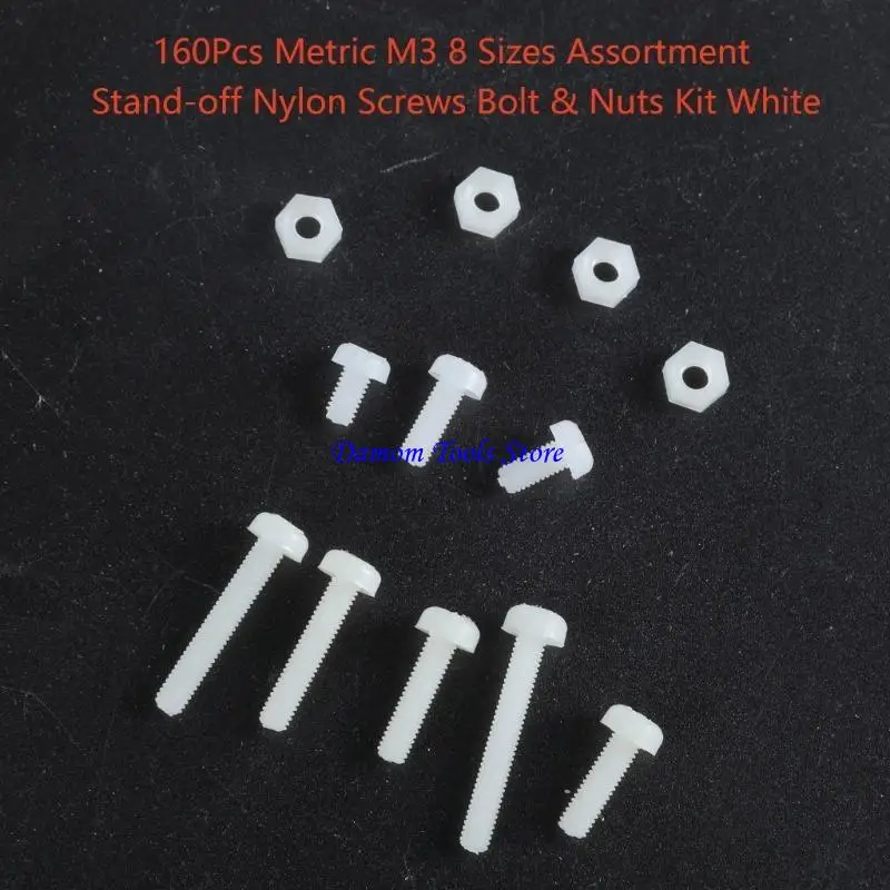57BE 160Pcs Metric 8 Sizes Assortment Stand-off Nylon Screws Bolt & White