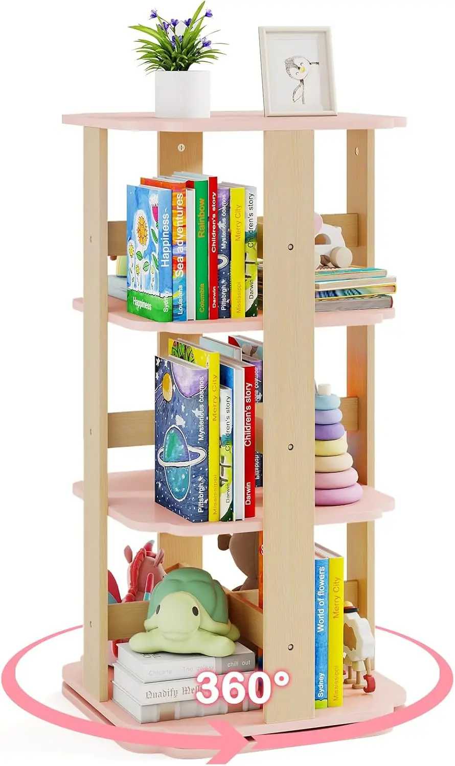 360 Spinning 3Tier Corner Bookshelf Small Space 12 Sectors Floor Standing Bookcase Storage Rack Wooden Narrow Bookcase Kids Room