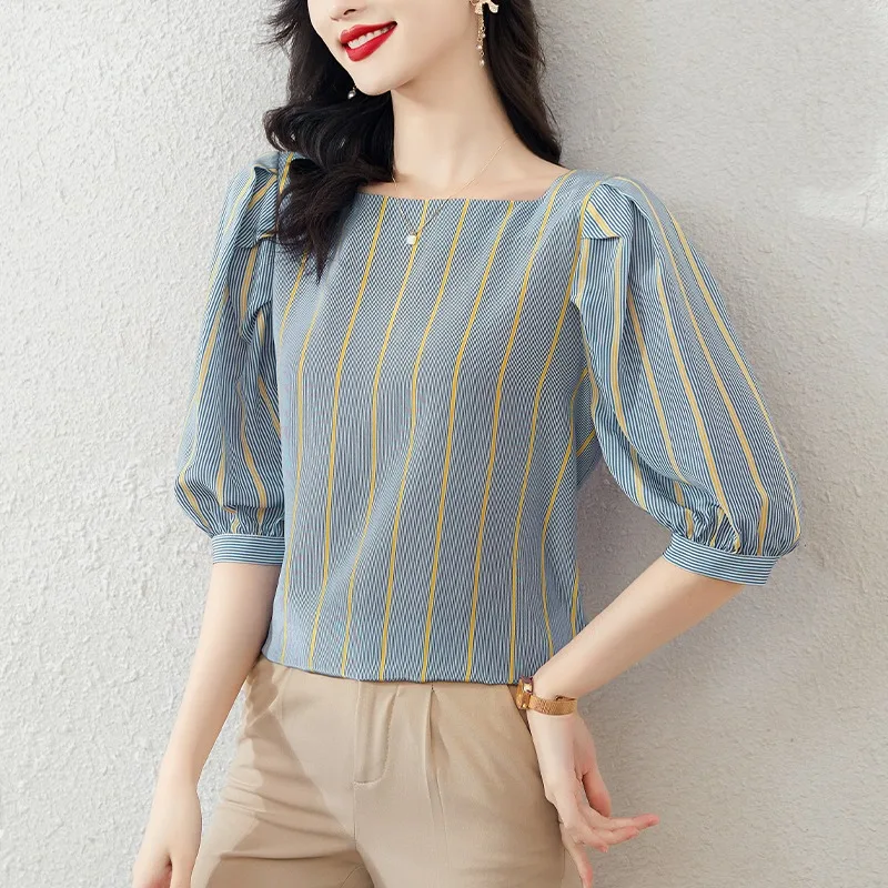

Vintage Women's Blouses Striped Shirts Fashion Loose Summer Korean Clothing Short Sleeved Satin Women Tops