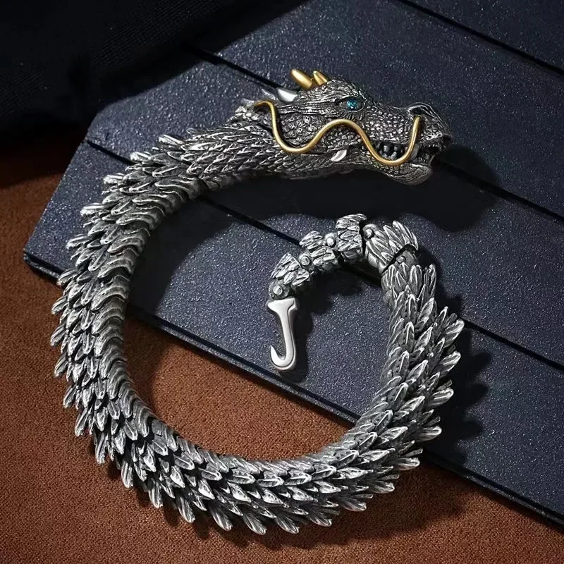 Vintage Dominant virile dragon head bangles men's fashion S925 Thai silver dragons bone high-end charm bracelet  jewelry