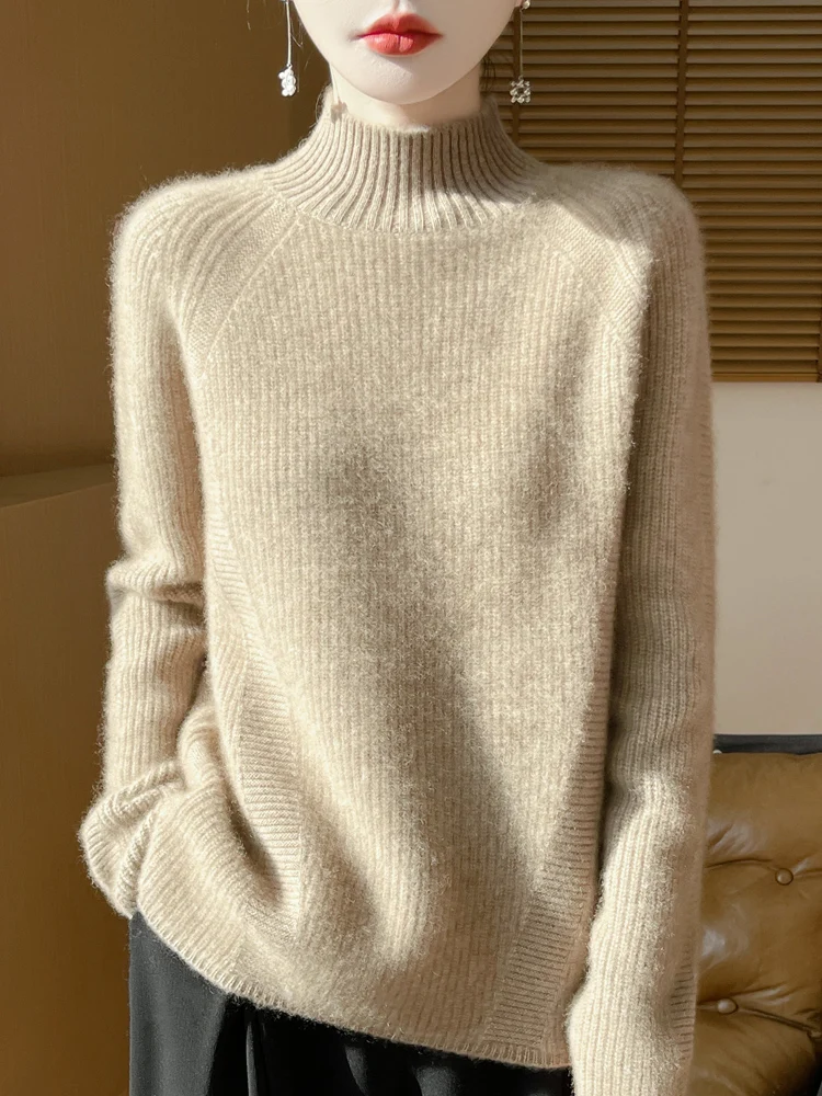 جديد المرأة 100% ميرينو رداء علوي من الصوف نصف الياقة العالية البلوفرات الخريف الشتاء سميكة الصوف الخالص تريكو الملابس #1