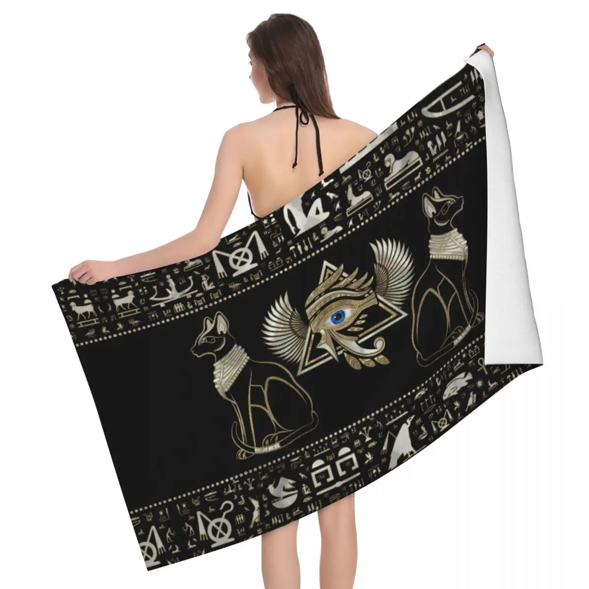 

Egyptian Cats And Eye Of Horus Soft Linen Microfiber Bath Beach Towel Quick Drying Hieroglyphic Egypt Shower Sports Towels